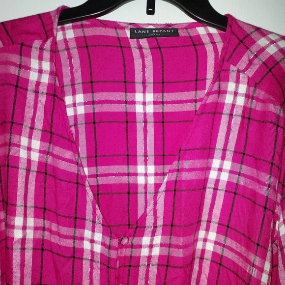 Lane Bryant Plaid Blouse Hot Pink Flare Sleeve - Picture 5 of 5